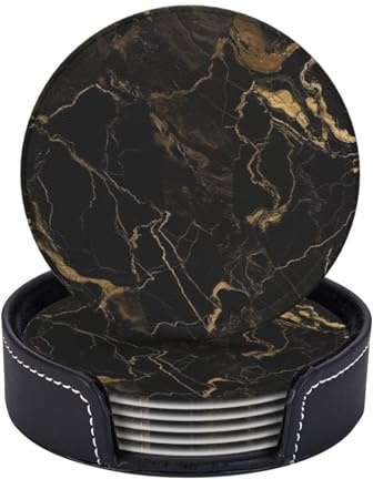 Getränkeuntersetzer mit Halter, 6 Stück, runde Untersetzer für Getränke, hitzebeständige Tassenunterlagen, Tassen-Matten, Gold-Schwarz, Marmor-Untersetzer, rutschfeste Leder-Untersetzer für
