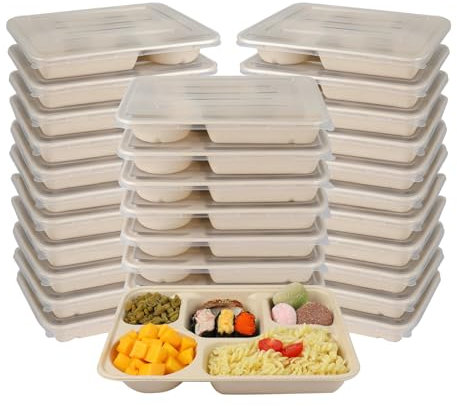 JAYEEY 40 OZ 5 Compartments disposable plates with Lids Plant Fibers 25 pack
