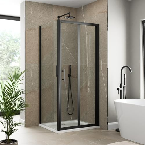 Luxura® 800 x 900mm Bifold Folding Shower Enclosure Door Screen for Wet Room Cubicle Enclosures, 6mm Safety Glass Space Saving, Framed, Black