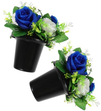 Abaodam Künstliche Friedhofsblumen Grabdekoration Für Außenbereich Blumenstrauß Mit Vasen-Dekoration Künstliche Rosenstraußdekoration Für Grabsteine Gedenkblumen Mit Vase Für Grabstätten