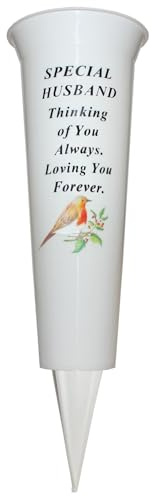 Pot de fleurs commémoratif pour tombe – 33 cm de haut – Vase commémoratif blanc robuste pour tombe avec piquet et image rouge-gorge (Special Husband 8736)