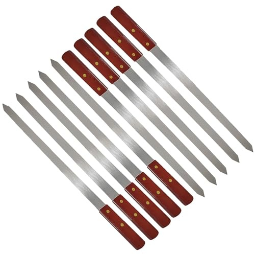 Long BBQ Barbecue Skewers, Wooden Handle Set of 10 BBQ Grilling Kebab Skewers Flat Reusable Metal Skewer Sticks for BBQ, Cocktail, Shish Kabob, Party Essentials, 50CM Long
