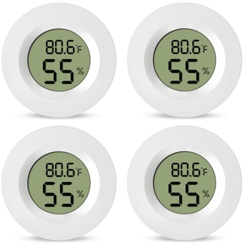 4-Pack Mini Hygrometer Thermometer Digital Humidity Meter Indoor/Outdoor Humidity Monitor with Temperature Sensor for Reptile Terrariums, Jars - Fahrenheit/Celsius White