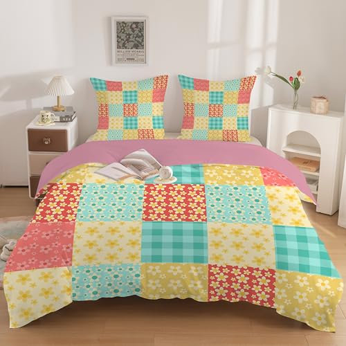 Linfye Housse de Couette 240 x 260 Adulte Patchwork Floral - Parure de Lit 2 Personne Imprimée Plaid Printanier avec 2 Taie d’Oreiller 65x65 cm - Ensemble Réversible avec Fermeture Éclair