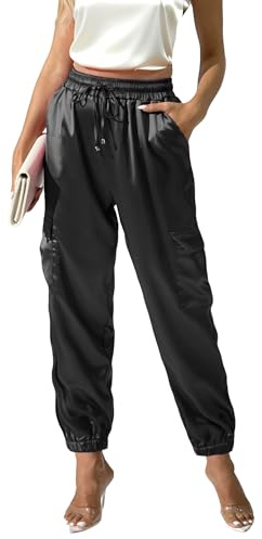 Damen-Cargo-Jogginghose aus Satin, mehrere Taschen, hohe Taille, seidig, glänzend, Party, Nachtclub, Straßen-Outfit