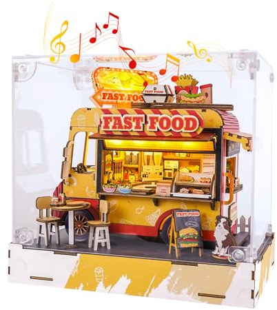 DIY Miniaturhaus Bausatz (Fastfood Truck) Winzige Puppenhaus Bausätze für Erwachsene zum Bauen, Mini-Modellbausätze mit LED&Spieluhr&Staubschutzhülle, Holz Bastelpuzzles, Geschenke