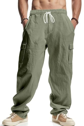 PADOLA Pantaloni Uomo Cotone Lino Cargo Spiaggia Tasca Multipla Vita Regolabile Coulisse Casual Chino Lungo Estivo per Mare e Viaggio(L,Verde Militare)