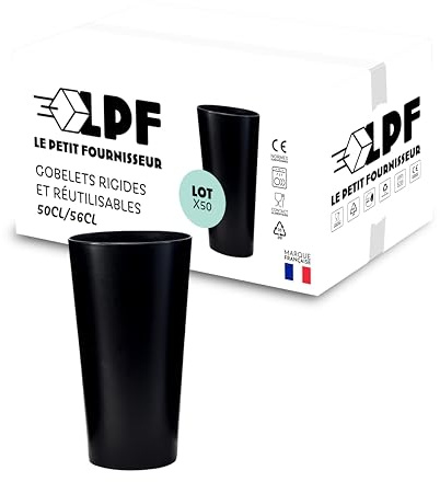 LPF LE PETIT FOURNISSEUR - Lot de 50 Gobelets réutilisables 50cl (56cl à ras-bord) - Polypropylène plastique alimentaire rigide - Gobelets à eau, bière - Compatible lave-vaisselle - Couleur Noire