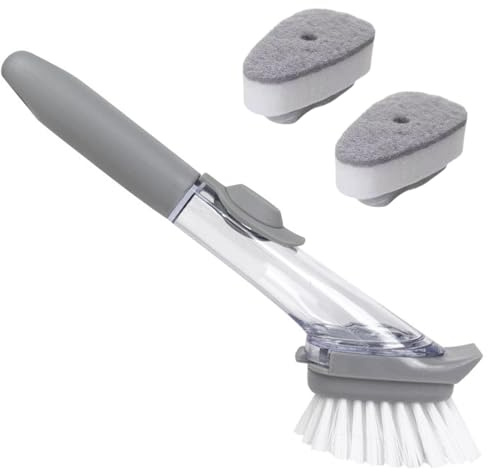 Dish Brush,Dish Scrubber with Soap Dispenser Dish Wand Kitchen Brushes for Dishes Includes Three Brush Heads