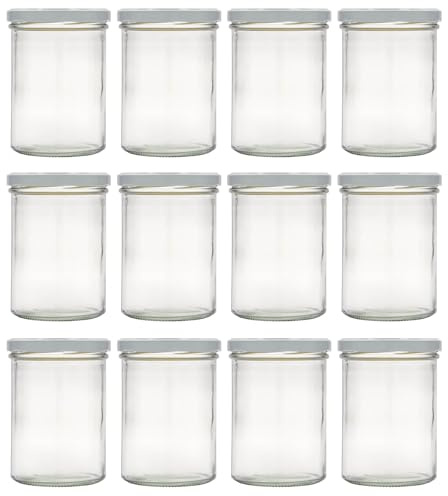 Flaschenland 12er Set Sturzglas 435 ml rund – vielseitige Gläser für Marmelade, Einmachen, Vorrat, Wurst, Aufbewahrung, hitze- & kältebeständig, inkl. Twist-Off-Deckel weiß