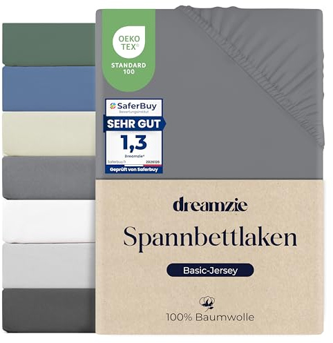 Dreamzie Spannbettlaken 180x200cm, 100% Baumwolle Jersey dehnbar, Spannbetttuch Bettlaken, Steghöhe 30 cm für Matratzen bis 27 cm, Oeko-Tex Zertifiziert, Hypoallergen, Anthrazit