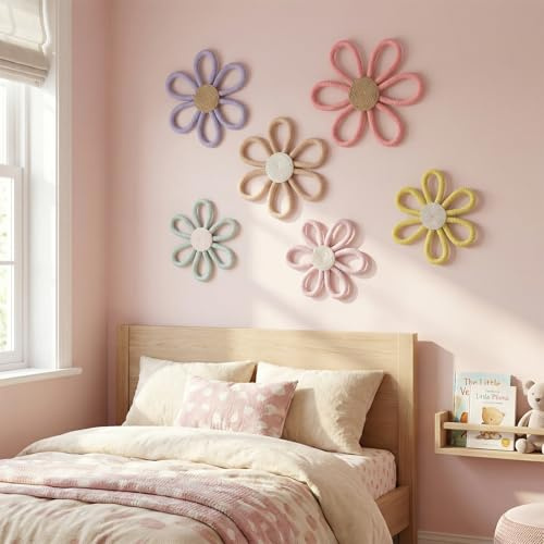 Yamenmeng 6Pcs Flower Wall Decor, Boho Macrame Nursery Wall Decor for Baby Girl, Woven Daisy Wall Decor Set, Handwoven Cotton Hanging Art for Kids Bedroom Playroom (Multicolor)