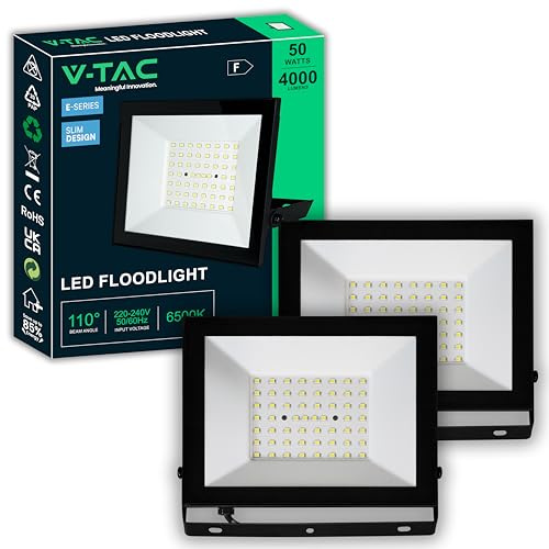 V-TAC 2x Fari LED da Esterno 50W - [ E-Series - Alte Perfomance, Bassi Consumi ] - Super Slim Design - 4000 Lumen - IP65 - Proiettore per Casa, Garage, Magazzino - Impermeabile - Luce Fredda 6500K