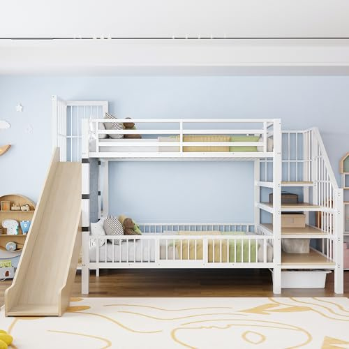 Letto a soppalco in metallo per bambini con scivolo e scala di archiviazione, 90 x 200 cm, struttura per letto a castello con porta di protezione, ripiani integrati, lettino salvaspazio per camera di