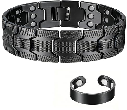 Bracciale in rame da uomo, bracciale magnetico regolabile e anello, braccialetto magnetico, tre magneti ultra forti, lunghezza regolabile, con strumento di regolazione delle dimensioni, confezione