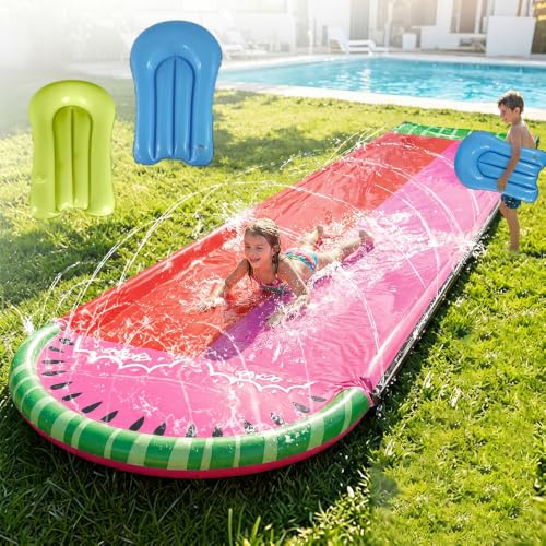 JYQOQH Water Slide Mat with 2 Bodyboards, 550CM/ 18.04ft Double Lane Slip and Slide Water Slide for Kids, Summer Lawn Waterslides with Build in Sprinkler, for Kids Adults Backyard Outdoor Water Fun