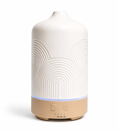 PLAYFULBAY Essential Oil Diffuser Ceramic USB Powered Diffuser Humidifier with Light 1H/2H/3H Timer & Fine Mist 150ml Electric Diffuser for Home Bedroom Office (Cream White)