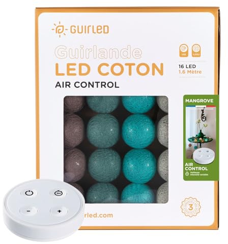 GuirLED - LED Baumwollkugeln Lichterkette USB - Drahtlose Fernbedienung - Baby Nachtlicht 2h - Dual USB 2A Netzteil enthalten - 4 Intensitäten – 16 Kugeln 1.6m - Mangrove