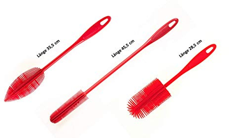 Kochblume Flaschenbürste 36cm & Flaschenbürste Slim & Silikon Spülbürste Rund 3er Set | Premium-Silikon | Hitzbeständig | Spülmaschinenfest | Für Trinkflaschen, Thermoskannen & Gläser | Farbe: rot