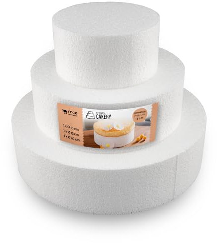 Styropor A3995993 - Set per torta a 3 piani, Polistirene espanso sinterizzato, Bianco, Altezza 5 cm ciascuno, Diametro 10 cm/15 cm/ 20 cm