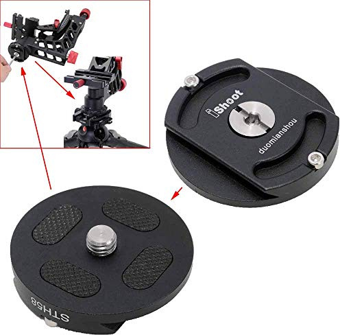 iShoot Metall Schnellwechseladapter, Stativkopfhalterung Konverter für Freischwingerkopf, Flüssigkeitskopf, Kugelkopf, Stativkopf mit runder Unterseite und 3/8 Loch, mit Arca Fit Schnellwechselplatte