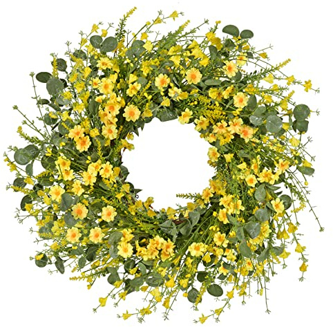 LSKYTOP 24Inches Artificial Daisy Flower Wreath with Eucalyptus Green Leave Spring Summer Wreath for Front Door Wall Decor