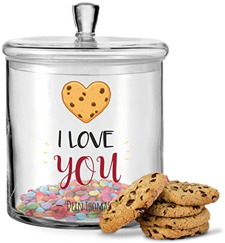 GRAVURZEILE Leonardo, bicchiere per biscotti con stampa UV – I love you – Barattolo per biscotti in vetro con coperchio – Barattolo personalizzabile con nome – regalo per lui e per lei, per