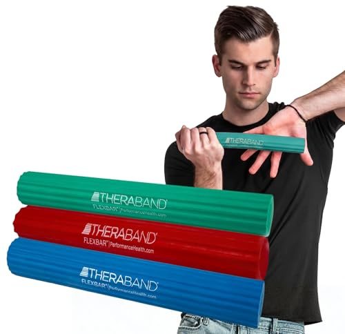 THERABAND FlexBar Tennisarm-Therapiestange, lindert Sehnenentzündungsschmerzen und verbessert die Griffstärke, Widerstandsstange für Golferarm und Sehnenentzündung, 3 Stück, leicht, mittelschwer,