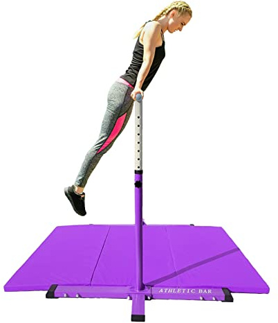 Athletic Bar Gymnastics Training Bar with 6'x4' Tumble Gymnastics Mat Set, Height Adjustable 3 to 5 FT Horizontal Kip Bar for Kids Junior Gymnast, Expandable Gymnastic Bar Home Gym Equipment Purple