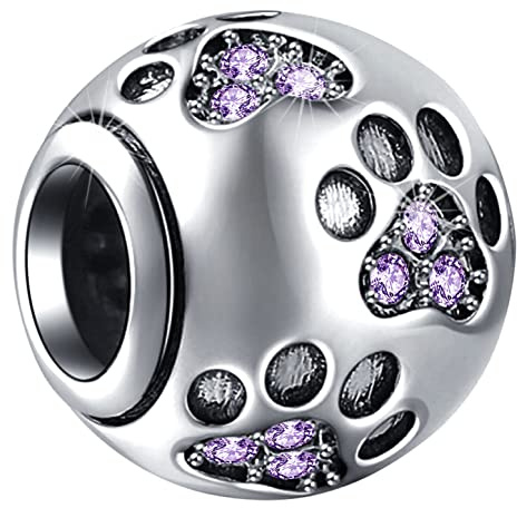Charms janv-dec pierre de naissance empreinte de patte s'adaptent au bracelet européen, perles empreinte de coeur de patte de chien chat en argent sterling 925 avec cristal, cadeaux pour femme/homme