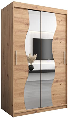 KRYSPOL Schwebetürenschrank Madryt 120 cm mit Spiegel Kleiderschrank mit Kleiderstange und Einlegeboden Schlafzimmer- Wohnzimmerschrank Schiebetüren Modern Design (Artisan Eiche)