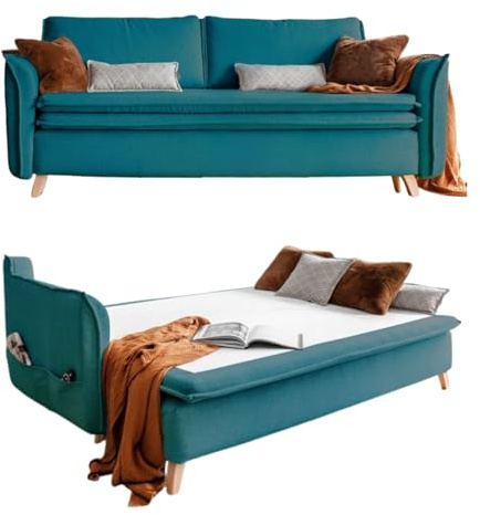 MIUFORM Charming Charlie Slim, 3 Sitzer Sofa mit Schlaffunktion, Türkis | Schlafsofa mit Bettkasten und Bettfunktion, 225x90x85cm, Couch mit Schlaffunktion, Schlafsofa Klappbar, Sofa 3 Sitzer