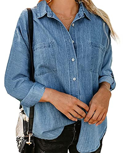 Sawmew Jeansskjorta Långärmad Jeansblus Med Knäppning För Kvinnor Mode Vår Höst Lätt Jeansjacka Med Fickor (Color : Light blue A, Size : XXL)