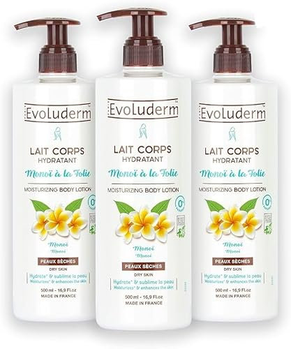 EVOLUDERM - Lait Corps Hydratant Monoï à la Folie - 500 ml - Ingrédients d'Origine Naturelle - Végan - Fabrication Française - Lot de 3 x 500 ml