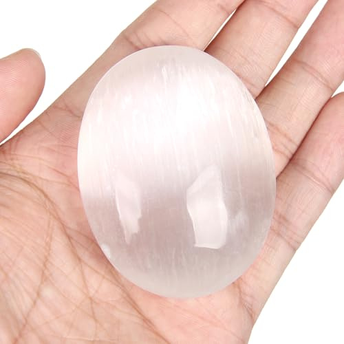 Grande Pierre de Paume Sélénite 1 Pièce (env. 70–90g) Cristal Naturel Poli | Gypse Blanc Translucide Lisse Pierre de Poche | Décoration, Collection & Cadeau