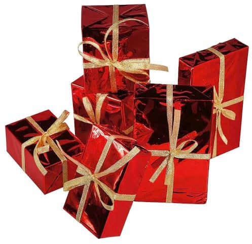 Deco Woerner Geschenkboxen-Set mit Schleifen 6 Stück rot glänzend von 9-15 cm Deko Geschenke Schaufensterdeko Fake-Geschenke