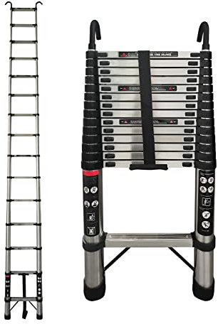 4,4M Teleskopleiter mit Haken Edelstahl Leiter Klappleiter Ausziehleiter Stehleiter Rutschfester, Teleskop-Design, aus hochwertigem Edelstahl, Tragbar, Leichte, 150 kg Belastbarkeit