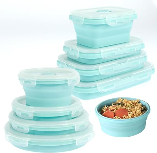 8Pcs Collapsible Silicone Food Storage Containers with Lids, Collapsible Square Round Meal Prep Lunch Containers Bento Boxes, Folding Stackable Outdoor Lunch Box Microwave, Freezer and Dishwasher Safe