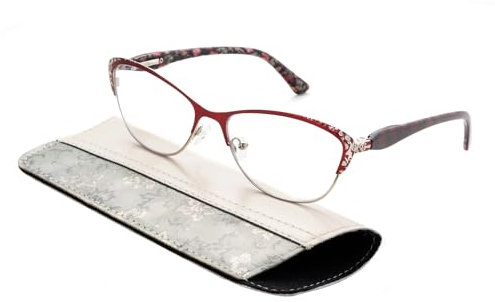 OKH Occhiali da Lettura di Cateye per Donne con Cerniera Primaverile, Qualità Vintage Blu Bloccante Floreale/Fiore Modello di Design Gatto Occhio Occhiali con Busta(Rosso +1.5)