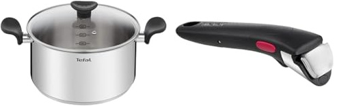 Tefal Faitout 24 cm (5 L) + couvercle verre, Induction, Acier inoxydable haute qualité & Ingenio Poignée amovible noire, Empilable, Verrouillage sécurité 3 points