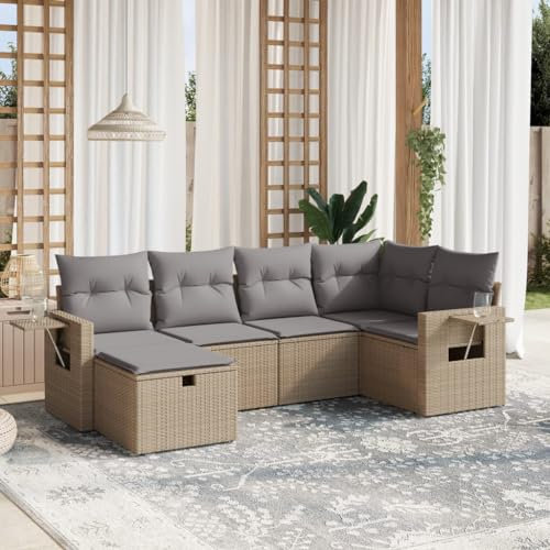 Rantry 6-TLG. Gartensofa Set mit Kissen Gartenlounge Loungesofa Gartenmöbel Ecklounge Ecksofa Balkonmöbel Sitzgruppe Loungemöbel für Garten Terrasse und Balkon Beige Poly Rattan