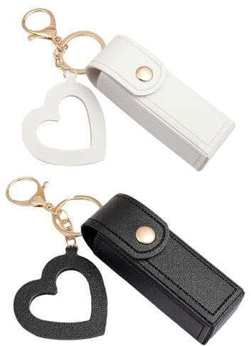 Sarini 2pcs Lipstick Box Keychain with Mirror Portable Lip Balm Pouch for Gloss Holder Party (Black+White)