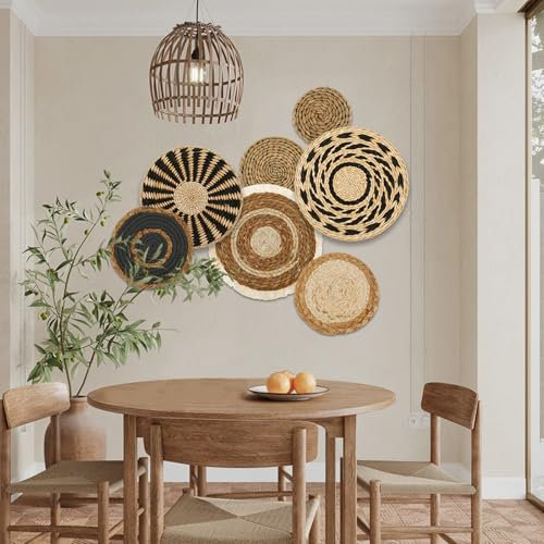 Alongen Boho-Wandkorb-Dekor-Set, 7er-Set, Wandbehang, Weidenkorb, Rattan-Wanddekoration, rund, handgefertigt, Makramee, gewebte Körbe für Wohnzimmer, Schlafzimmer, Esszimmer, Büro