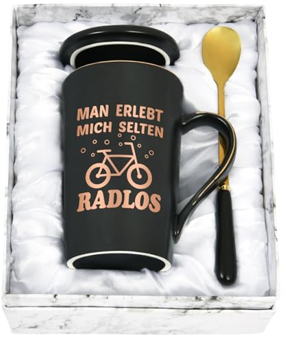 Joymaking Kaffeetasse Geschenke für Radfahrer Lustiges Geschenk Fahrradliebhaber mit Spruch - Man erlebt mich selten Radlos - Radfahrer Geschenke, 400ml Scwarz