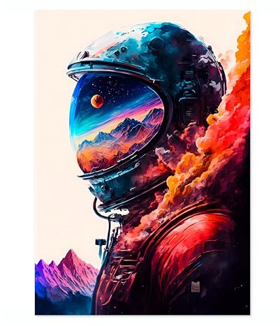 Lone Astronaut Space Poster, Colourful Abstract Astronomy Wall Art Home Decor, Astronaut Planets Print, Archival Matte, A4 (Print Only) - 29.7x21cm