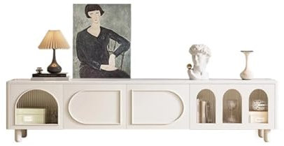 Xumh2024-3 TV Schrank Board Sideboard Visuelle Vitrine mit Glastür, TV-Schrank for kleine Wohnungen, moderner Aufbewahrungsschrank mit abgerundeten Ecken und Stützbeinen aus Massivholz TV-Schrank
