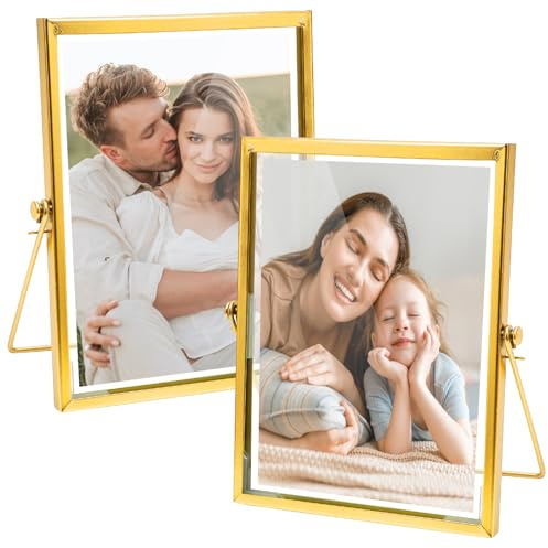 RANJIMA 2Pcs 15x20 cm Bilderrahmen Gold A5 Doppelglas Fotorahmen Glasrahmen für Gepresste Blumen, Metall Desktop Glas Tisch Bilderrahmen Stehend Doppelseitig Fotorahmen Display Fotos,Kunstwerke,Poster