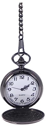 LIFKOME Vintage Herren Taschenuhr aus Edelstahl mit Schwarzem Gehäuse Mechanisch Runde Form und Abnehmbare Kette mit Haken für Täglichen Gebrauch