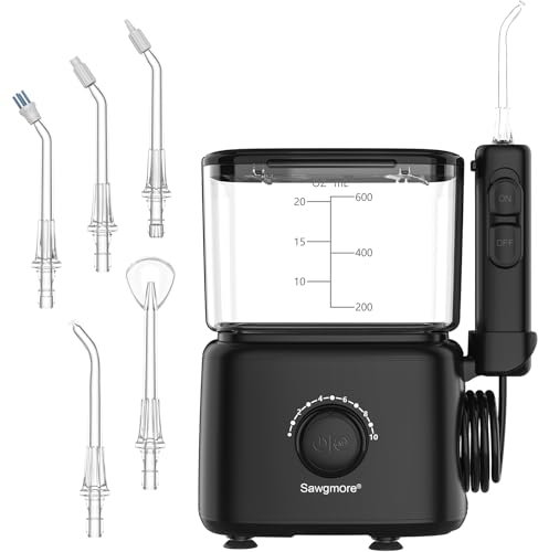 Sawgmore - Idropulsore Dentale con 10 livelli di pressione regolabili, capacità 600 ml, irrigatore orale con 5 punte multifunzione per la casa (nero)