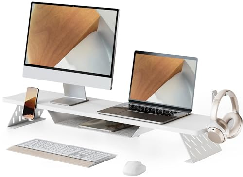 Fenge Monitorständer, 108cm, Handy/Kopfhörer-Halter, Laptop PC TV, Weiß | 2 Geräte, Bis 30kg, Separates Fach, Metallfüße, Rutschfeste Füße, Bildschirm Computer Drucker Schreibtisch Büro Zuhause